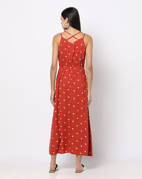 Maxi Dress Rust Spotted Dress Polka-Dot Print Fit Flare Dress