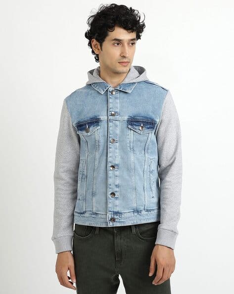 Hooded Denim Jacket with Flap Pockets
