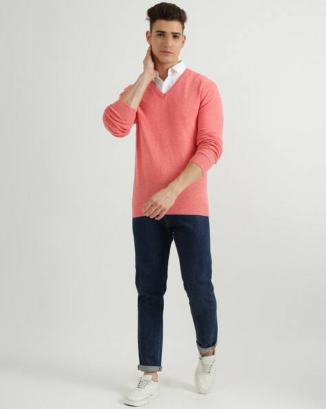 Zalando Pink Benetton Crew Neck Jumper Mens Long Sleeve Solid