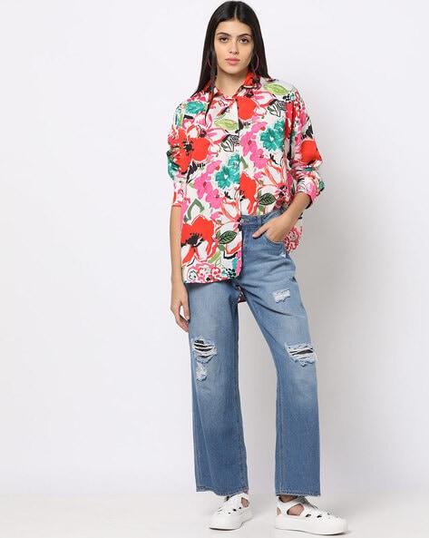 Floral Print Oversized Satin Shirt