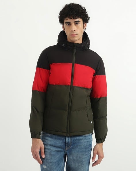 Colourblock Zip-Front Hooded Puffer Jacket