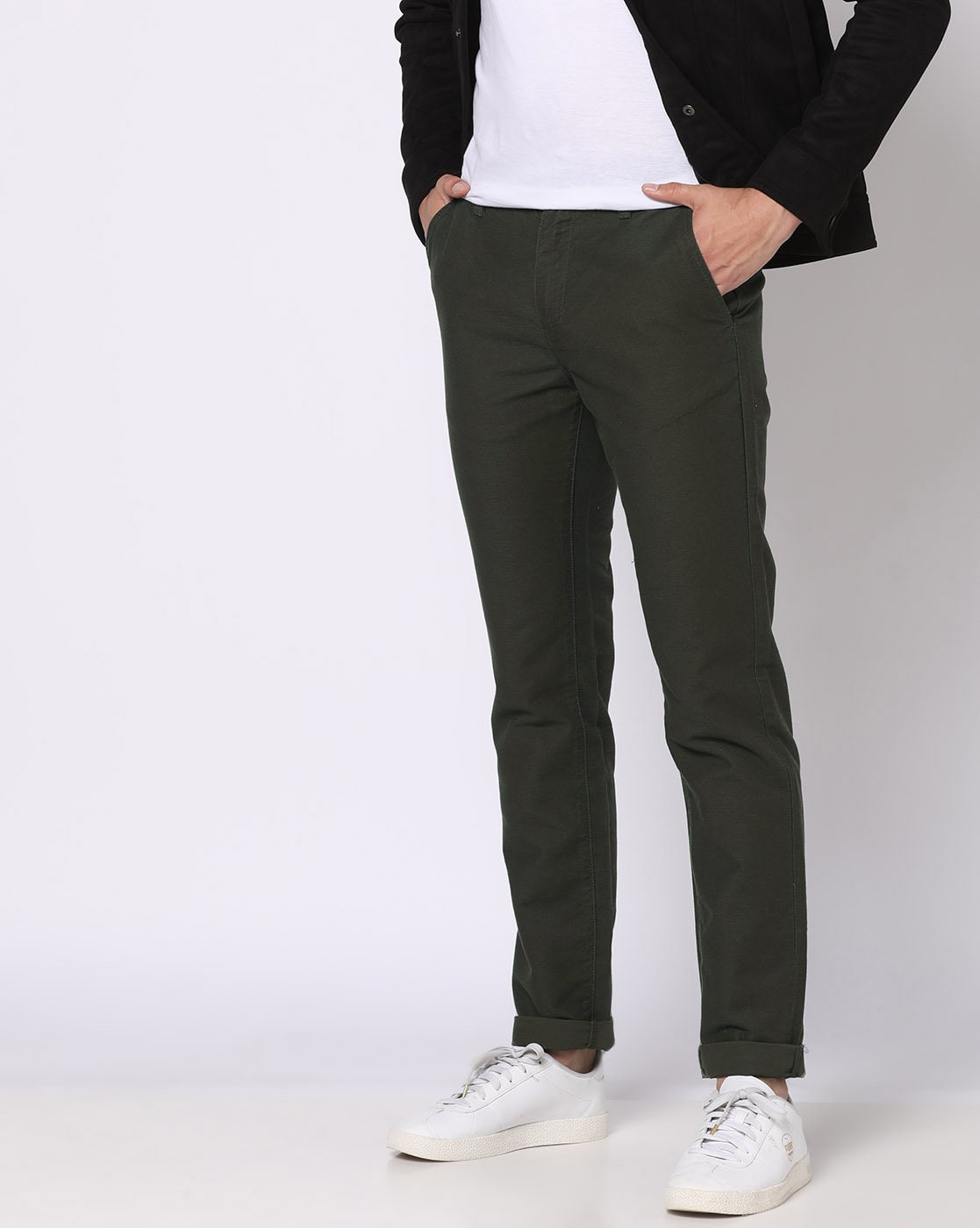 Men's Black Crew-neck T-shirt, Olive Chinos, Black Canvas High Top  Sneakers, Black Leather Belt | Lookastic