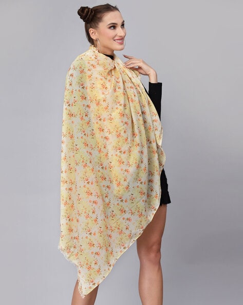 Floral Print Stole with Frayed Hemline Price in India