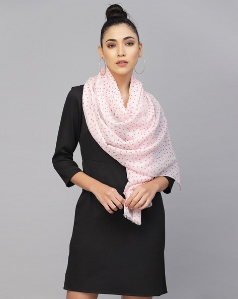 Heart Print Stole with Frayed Hem Price in India