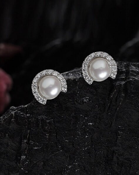 925 Sterling Silver Rhodium-Plated Pearl Stone-Studded Stud Earrings