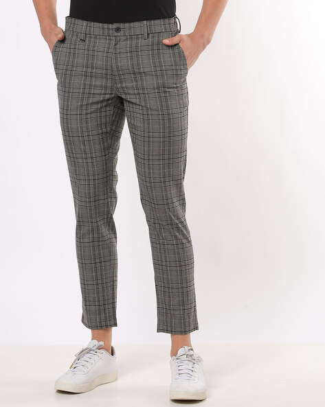 Buy Peter England Men Navy Check Carrot Fit Casual Trousers online