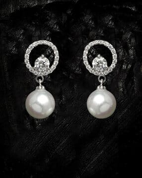 925 Sterling Silver Rhodium-Plated Stone-Studded Pearl Drop Earrings-image-24