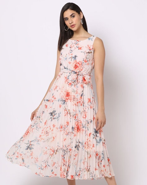 Floral Print Fit & Flare Dress with Waist Belt