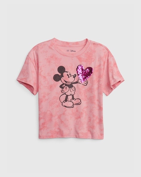 Printed Mickey Mouse Graphic Top With Flippy Sequin Heart