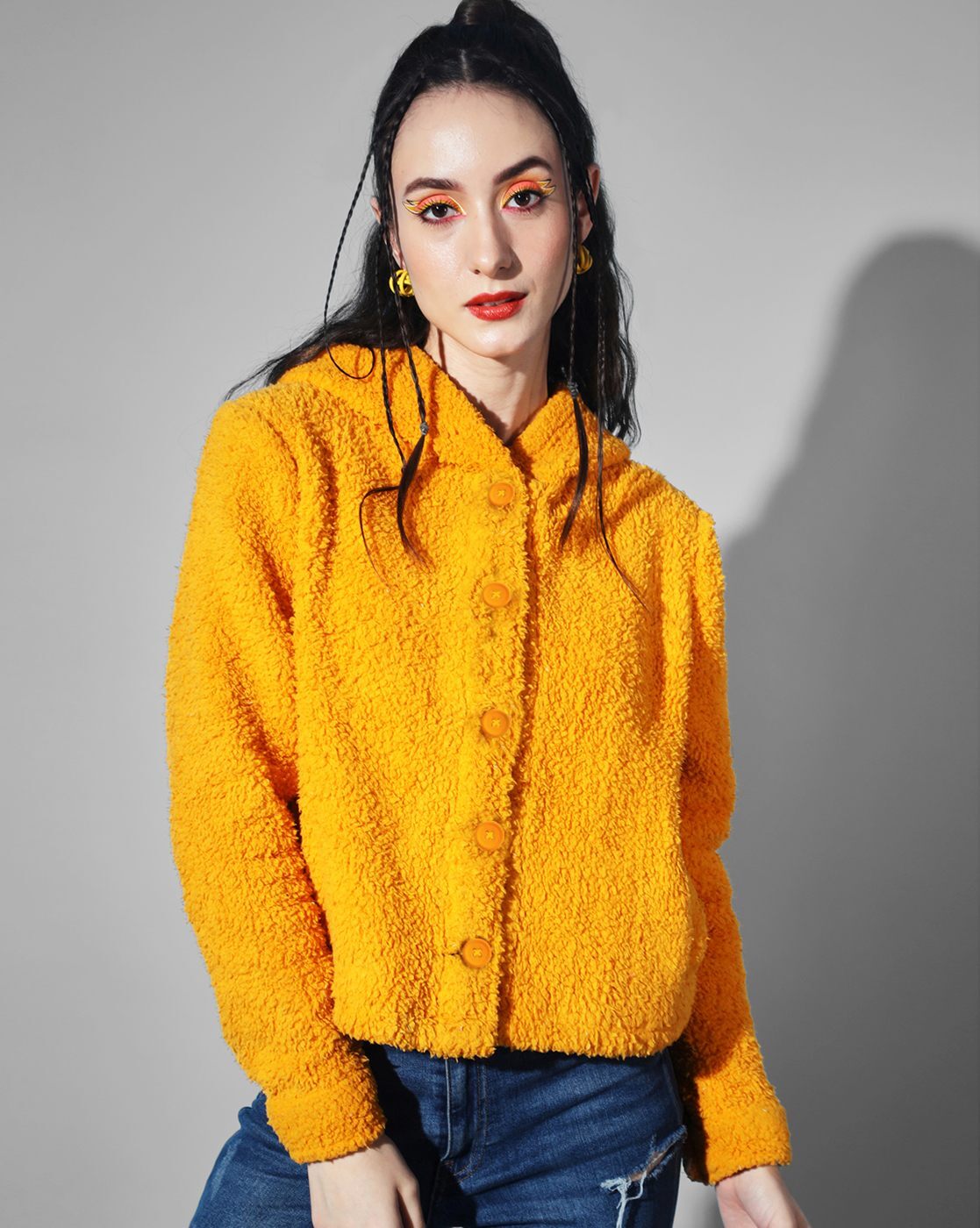 Yellow hooded store cardigan