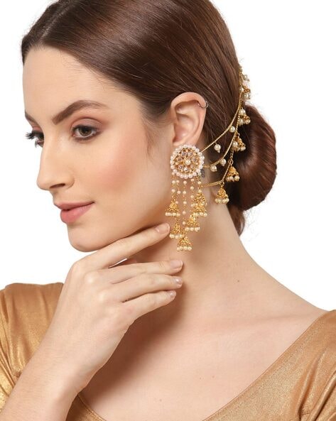 Gold Plated Pearl & Kundan Bahubali Earrings with Hair Chain for Women  Original Bahubali Stylish Devsena