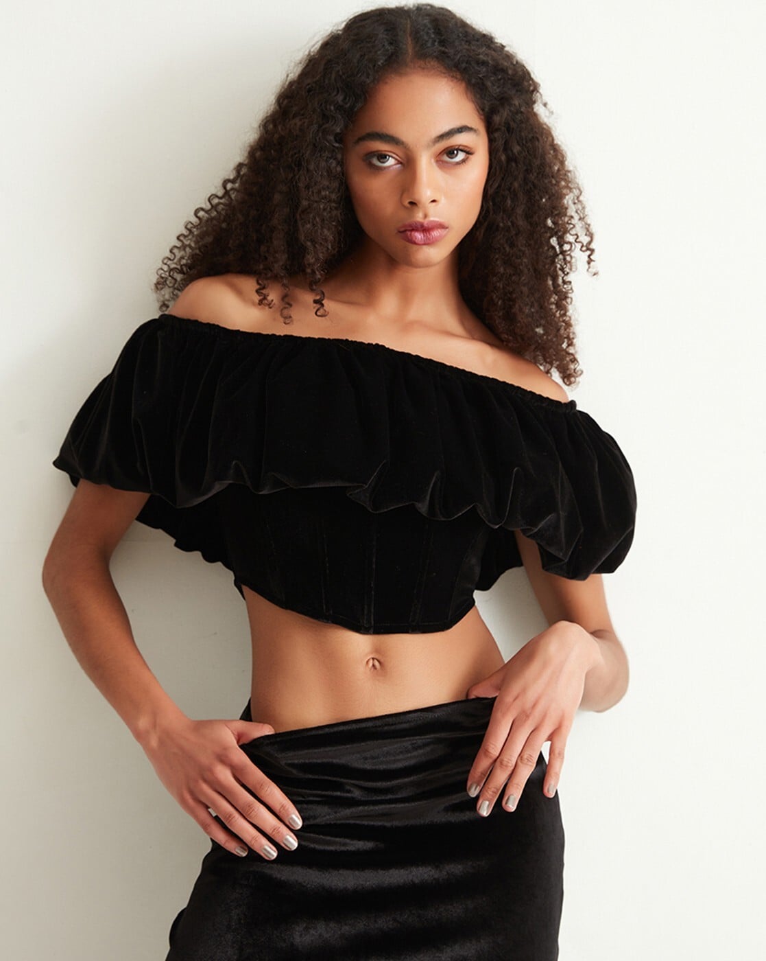 Off shoulder black velvet sales top