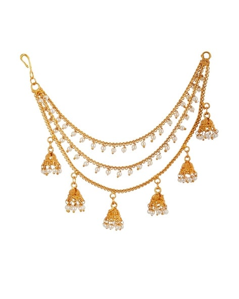 Gold Plated Kundan Traditional Earrings with Hair Chain  Pearls for Women   RAW UNITE