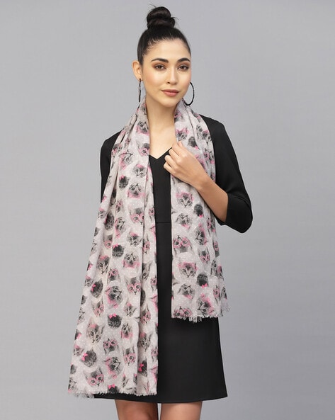 Cat Print Stole with Frayed Hem Price in India