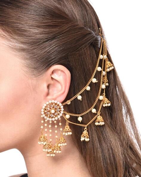 Priyaasi 18K Gold Plated Handcrafted Bahubali Devsena Jhumka Earrings with  White Beaded Pearl, Chain : Amazon.in: Fashion