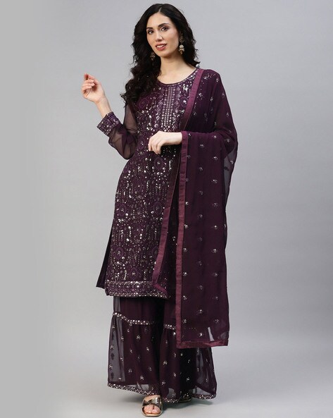 Embellished 3-Piece Semi-Stitched Straight Dress Material Price in India