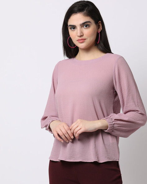 Round-Neck Top with Cuffed Sleeves