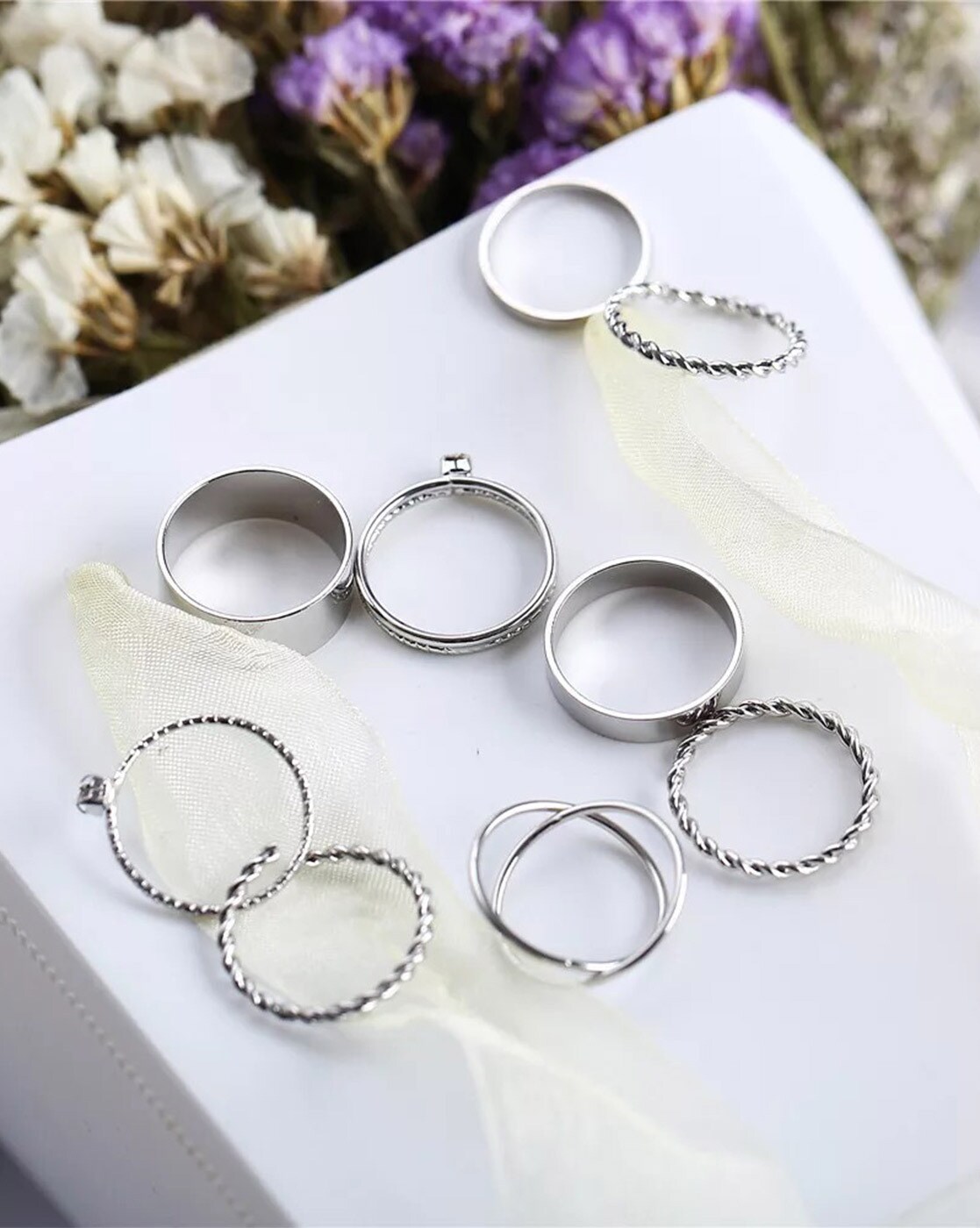 Silver Studded Assorted Ring Set - 8 Pack | Icing US