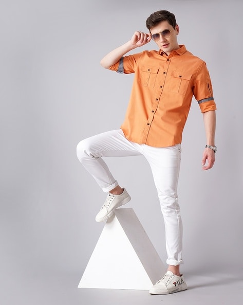 Buy Men's Mod Stripe Orange Shirt Online | SNITCH