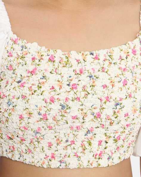 Buy Nautinati Girls Pink-white Floral Printed Crop Top With Puff Sleeves  online