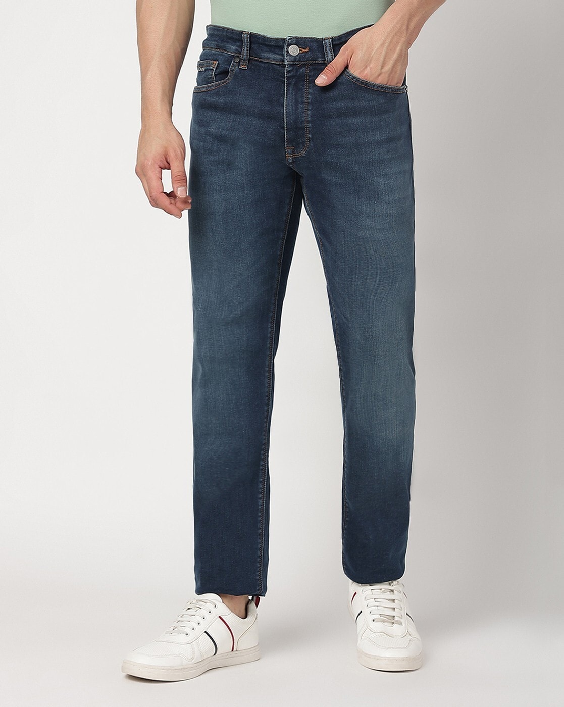 BOSS - Slim-fit jeans in marbled-blue comfort-stretch denim