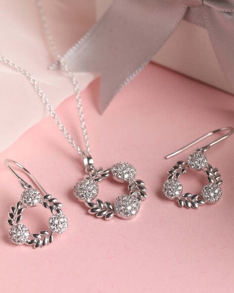 Elegant Silver Pendant Earrings Set with Zircon Stones