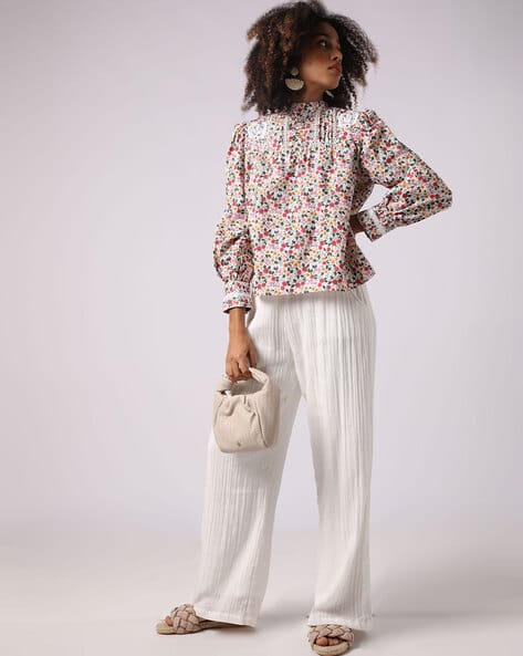 Encrustd Floral Print Poplin Top with Lace Trims