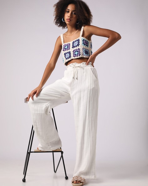 Buy online White Self Design Wide Leg Trouser from bottom wear for Women by  Showoff for ₹859 at 65% off | 2024 Limeroad.com
