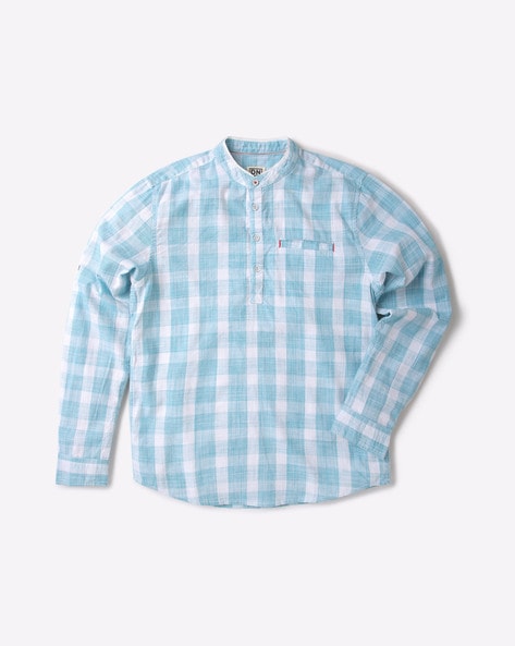 Checked Cotton Shirt with Band Collar