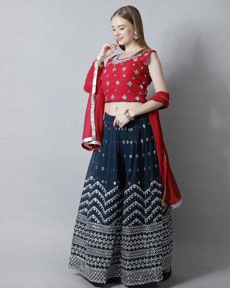 Blue Cotton Navratri Lehenga Choli with Gamthi Work