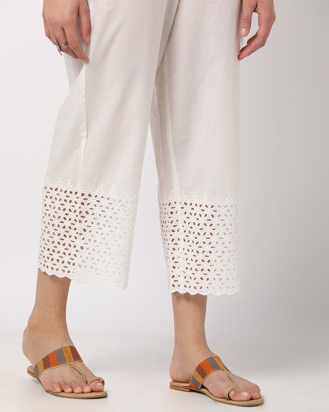 Women Solid White Cotton Wide Leg Pants