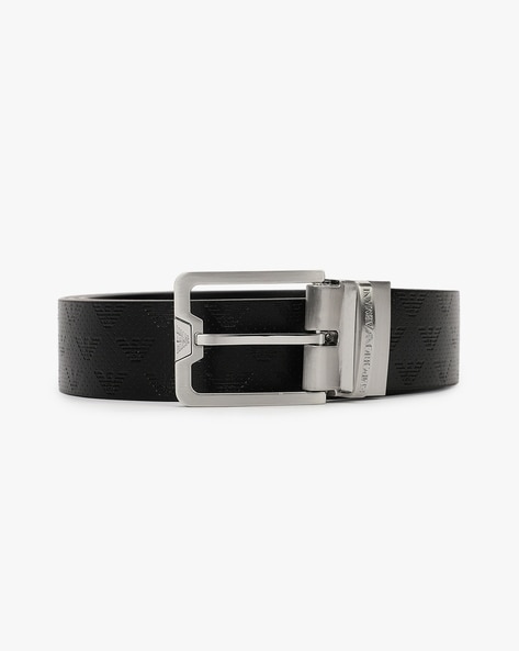 EMPORIO ARMANI: leather belt with all over monogram - Black