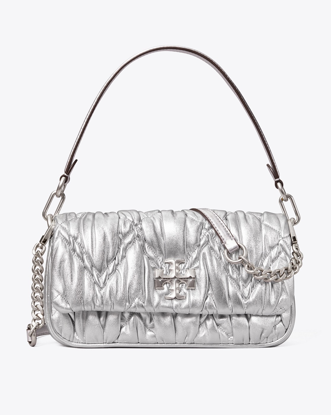 Tory Burch, Bags, Tory Burch Mini Kira Metallic Diamond Ruched Flap Bag  Silver