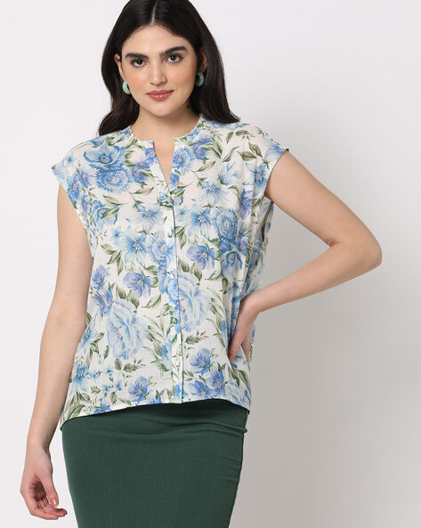 Printed Mandarin Collar Top