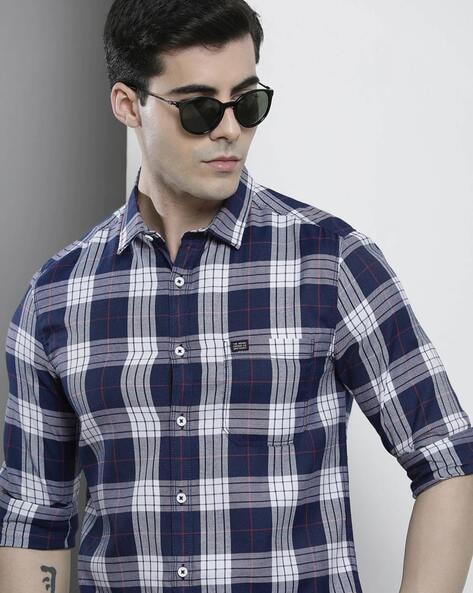 navy and white checkered shirt