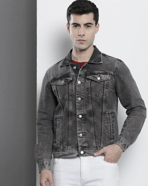 Men's Black Sherpa Denim Jacket With Charcoal Grey Fur - IMPAURITO