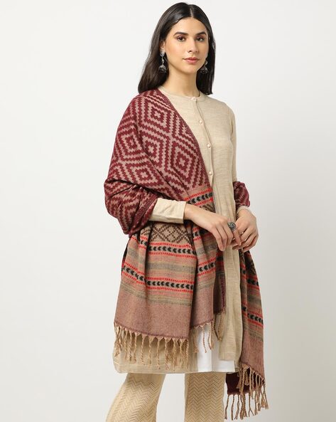 Geometric Pattern Shawl with Tassels Price in India