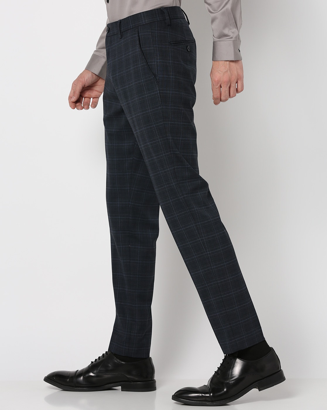 Men Dark Gray Checked Trousers -- Madmext