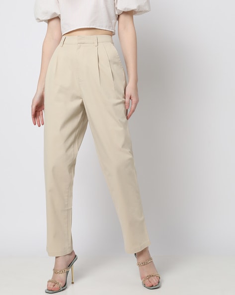 Buy KIBO Casual Stylish Beige Solid Polyester Pants for Women Large at  Amazonin