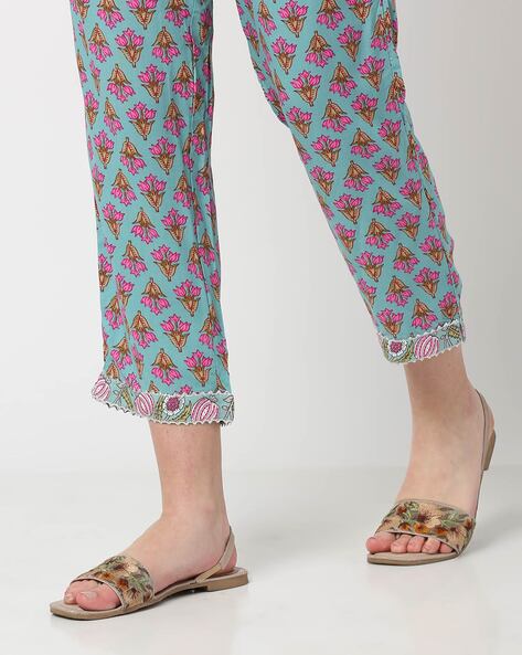 Buy Jungle Green Block Printed Straight Pants Online - W for Woman
