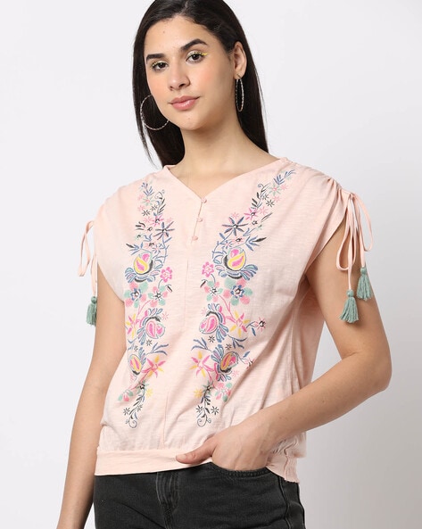 Printed Knit Top with Sleeve Tie-Up