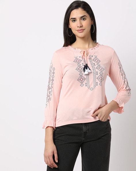 Placement Print Top with Smocking