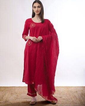 Red Mukaish Embellished Straight Kurta and Straight Pants Co-ord Set