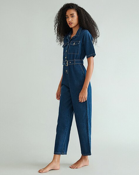 Buy Nuon Blue Collared Denim Jumpsuit from Westside