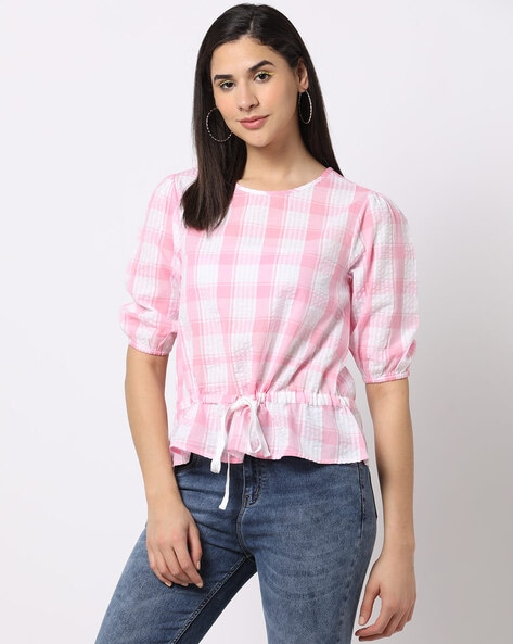 Checked Seersucker Top with Puff Sleeves