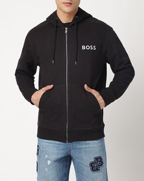 BOSS - Cotton hooded sweatshirt with contrast logo