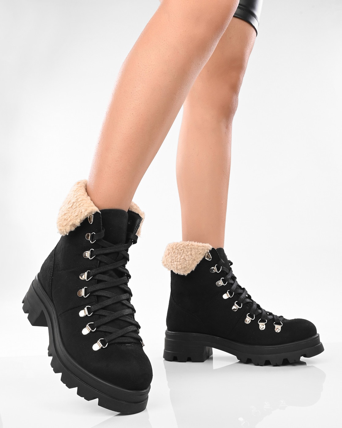 Black fur lace up shops boots