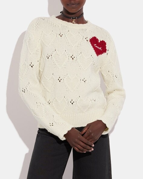 Buy Coach Heart Crew Neck Sweater Off White Color Women AJIO LUXE