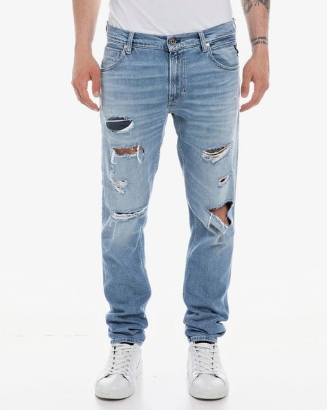MICKYM Tapered Fit Broken Edge Light Bleach Wash Jeans