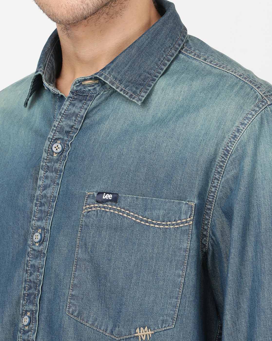 Lee Men's Clean Western Faded Blue Slim Fit Denim Shirt Double Pocket Sz S  5400852129952 | eBay
